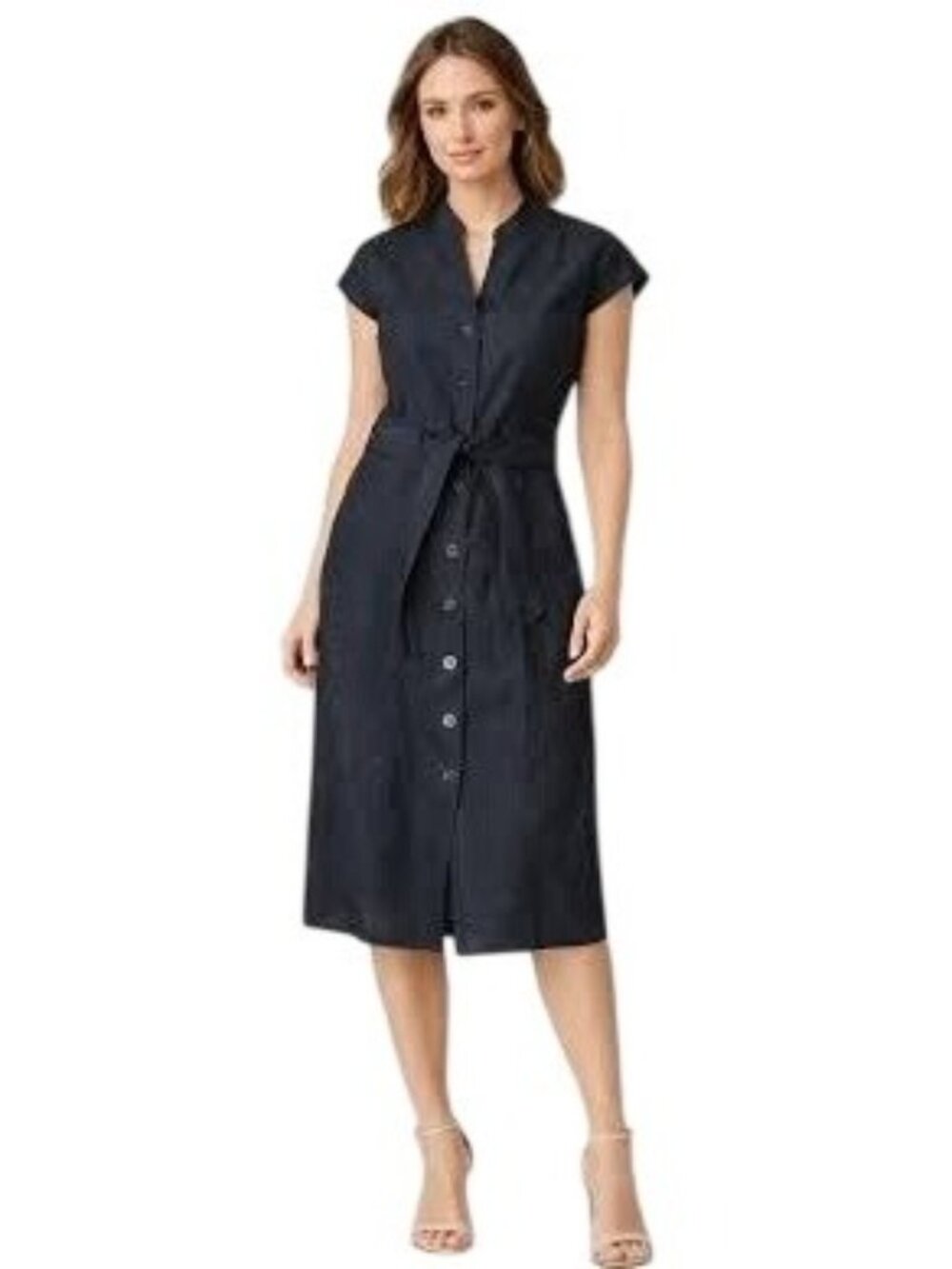 Calvin Klein Shirt Dress Size 10 Blue Button Front Midi Tie Waist V Neck